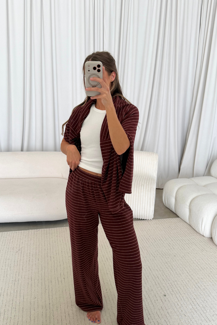 Campbell Striped Fleece Lounge Pants in Burgundy/Cream