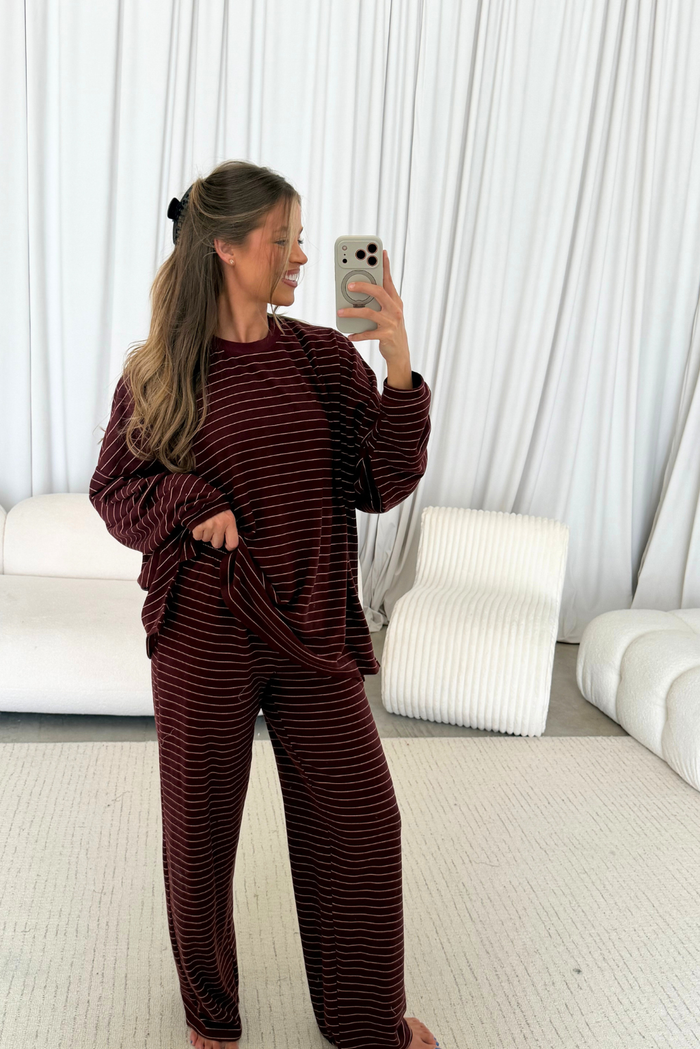 Campbell Striped Fleece Lounge Pants in Burgundy/Cream