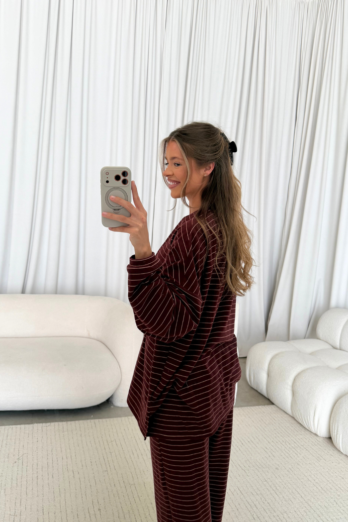 Campbell Striped Fleece Lounge Pants in Burgundy/Cream