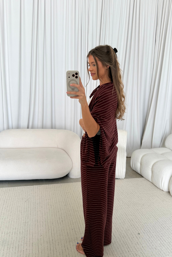 Campbell Striped Fleece Lounge Pants in Burgundy/Cream