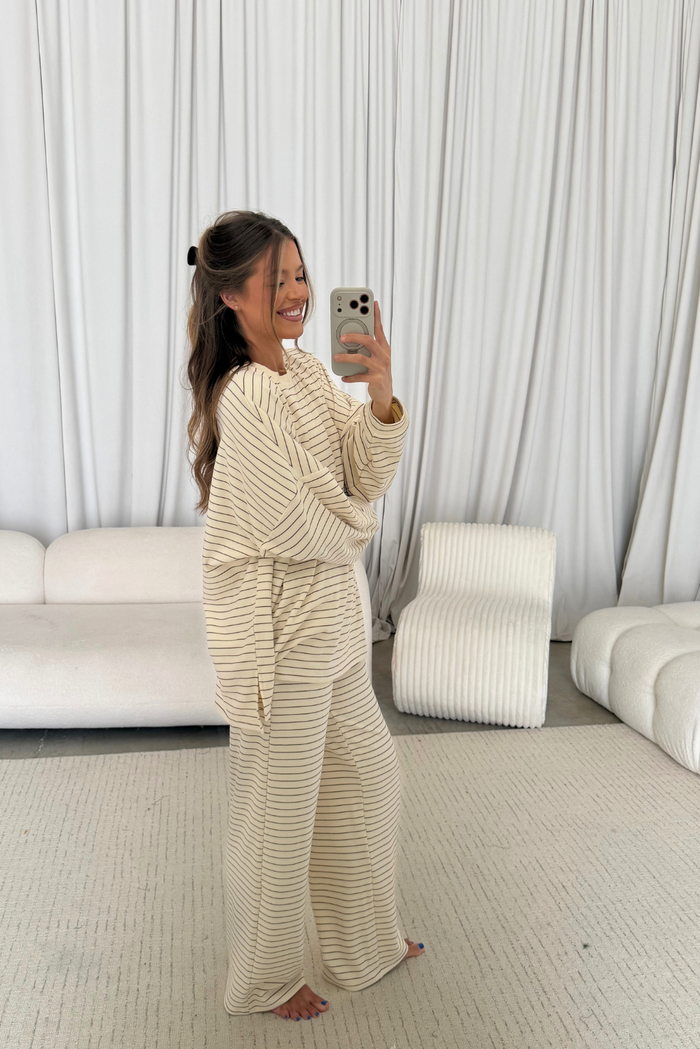 Campbell Striped Fleece Lounge Pants in Cream/Brown (Dark Maroon) *9/30 PRE-ORDER*