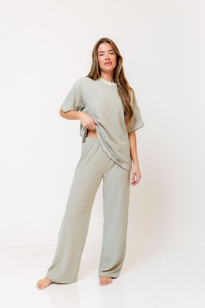 Campbell Striped Fleece Lounge Pants in Cream/Green *Final Sale*
