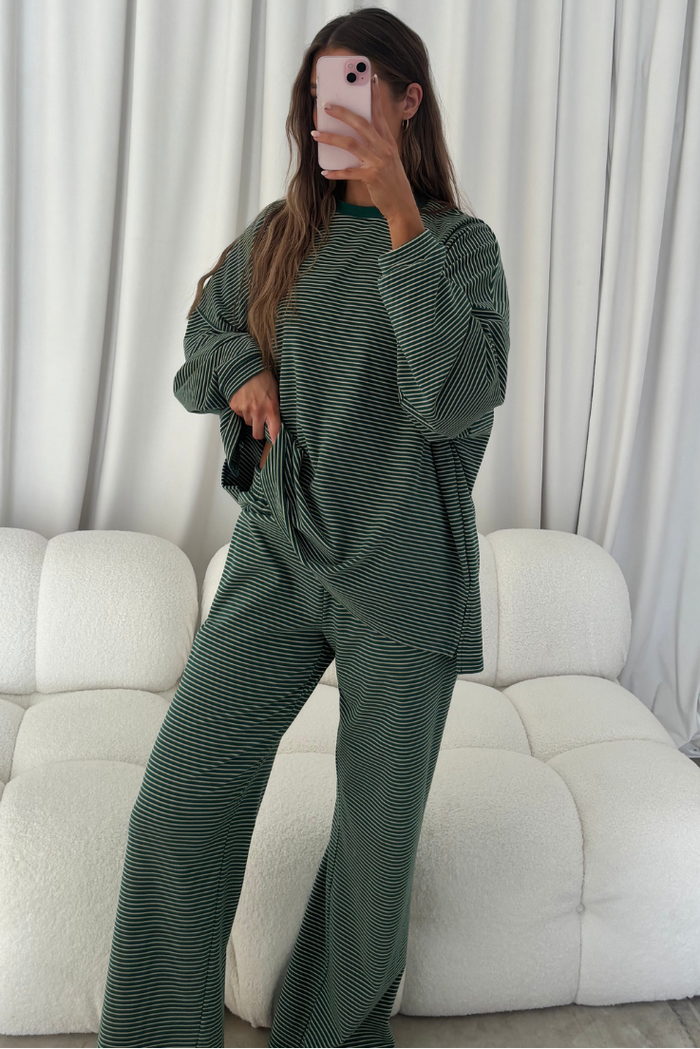 Campbell Striped Fleece Lounge Pants in Forest Green