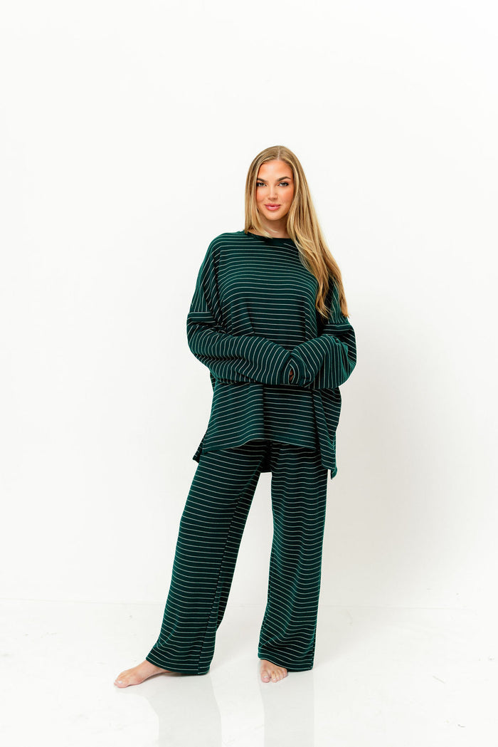 Campbell Striped Fleece Lounge Pants in Green