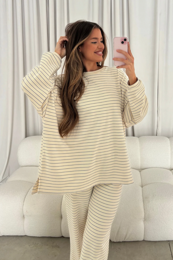 Campbell Striped Fleece Lounge Pants in Ivory