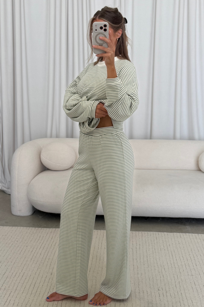 Campbell Striped Fleece Lounge Pants in Ivory/Sage