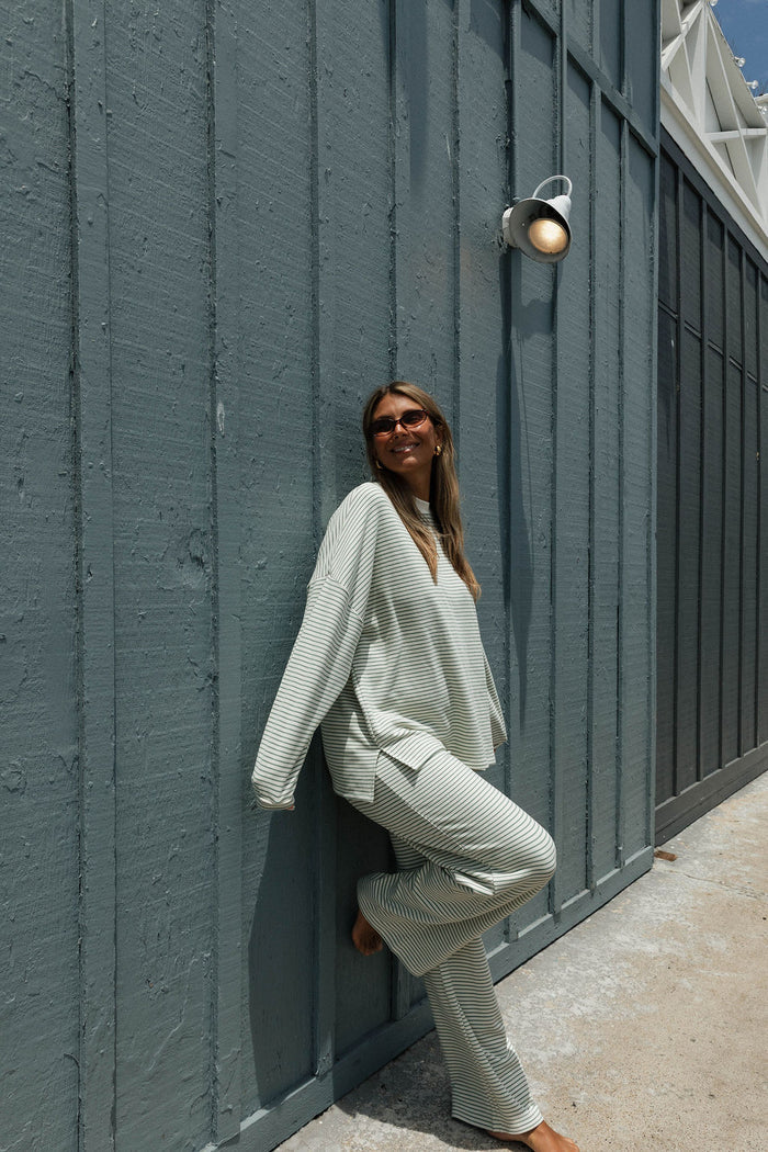 Campbell Striped Fleece Lounge Pants in Ivory/Sage