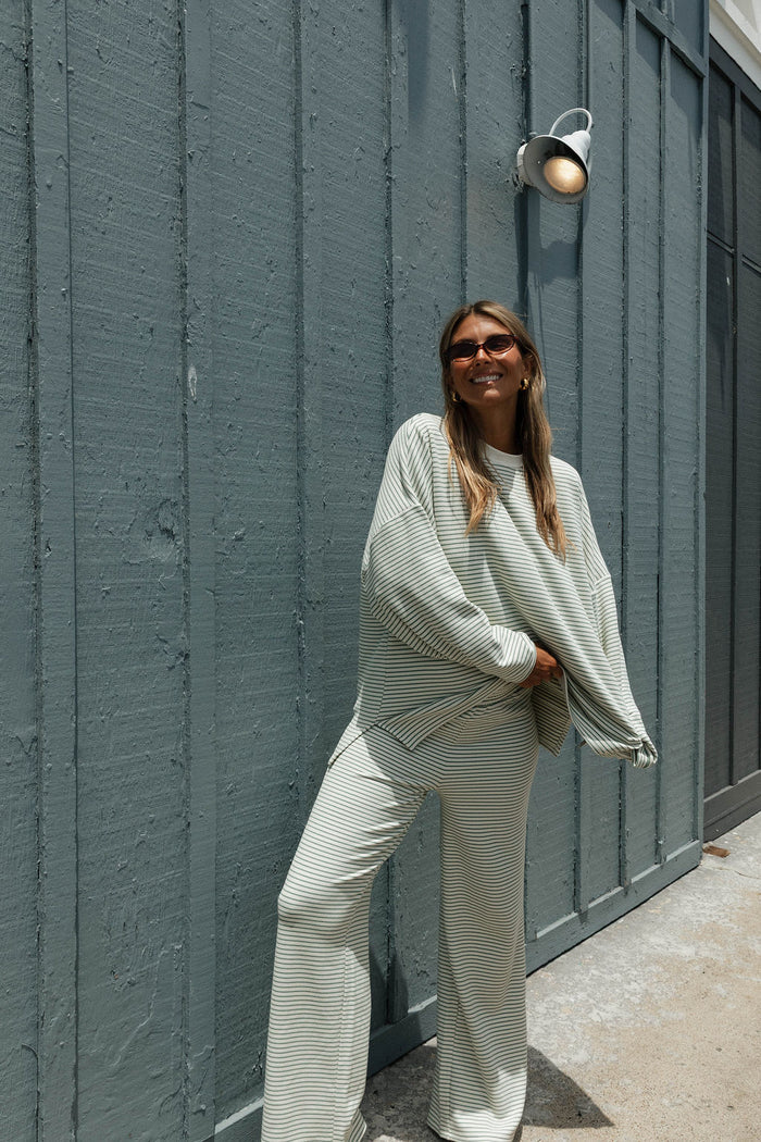 Campbell Striped Fleece Lounge Pants in Ivory/Sage