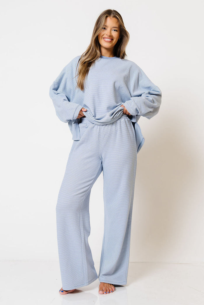 Campbell Striped Fleece Lounge Pants in Micro Nantucket Blue