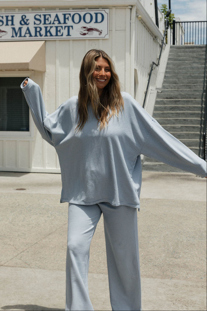 Campbell Striped Fleece Lounge Pants in Micro Nantucket Blue