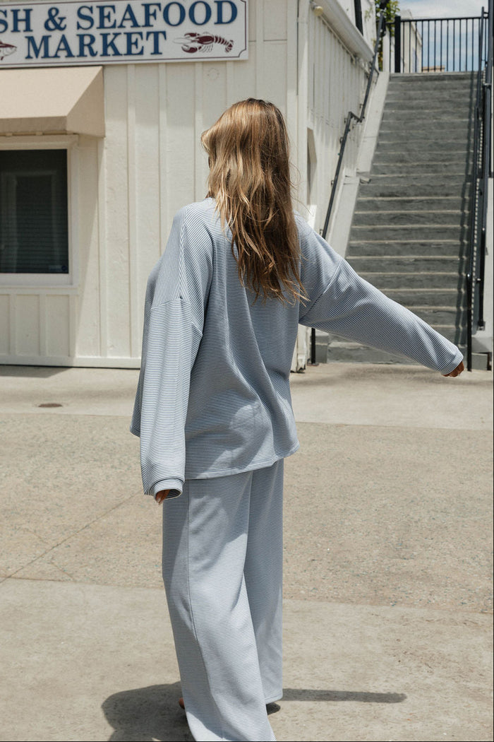 Campbell Striped Fleece Lounge Pants in Micro Nantucket Blue