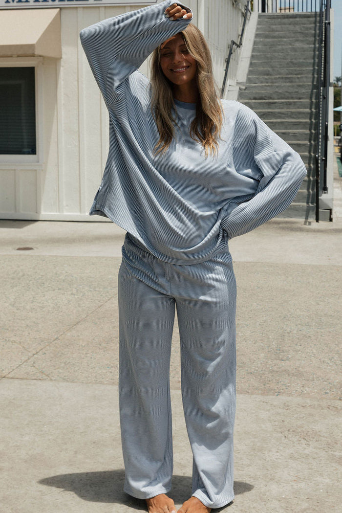 Campbell Striped Fleece Lounge Pants in Micro Nantucket Blue