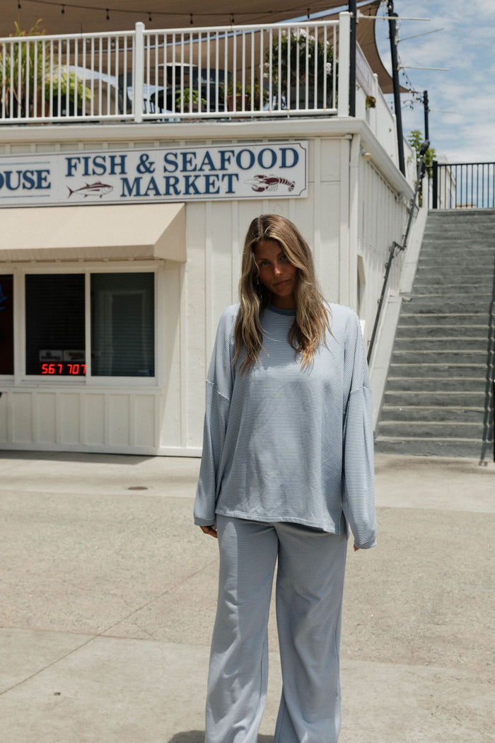 Campbell Striped Fleece Lounge Pants in Micro Nantucket Blue