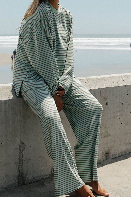 Campbell Striped Fleece Lounge Pants in Mint/Brown