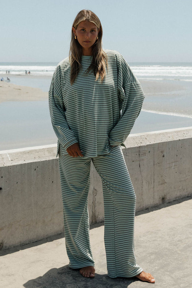 Campbell Striped Fleece Lounge Pants in Mint/Brown