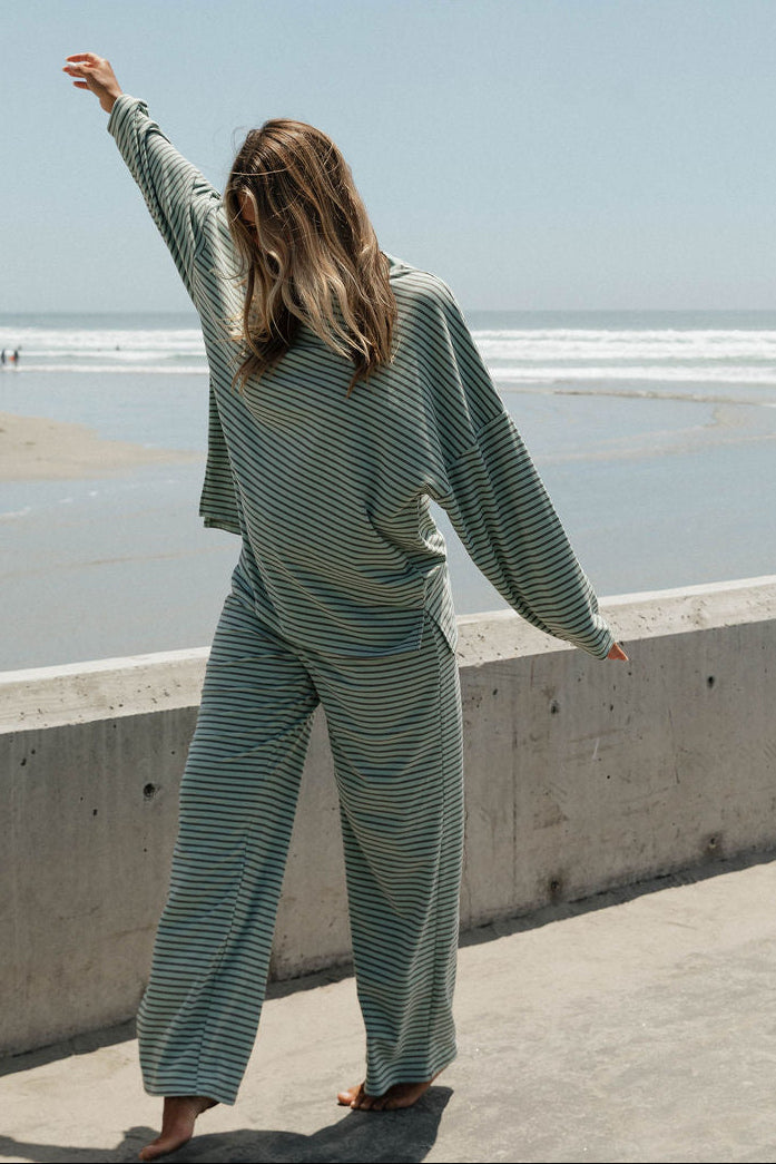 Campbell Striped Fleece Lounge Pants in Mint/Brown