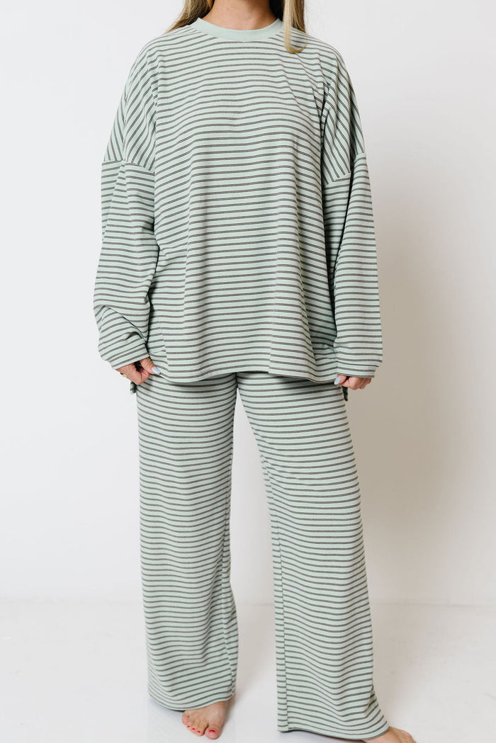 Campbell Striped Fleece Lounge Pants in Mint/Brown