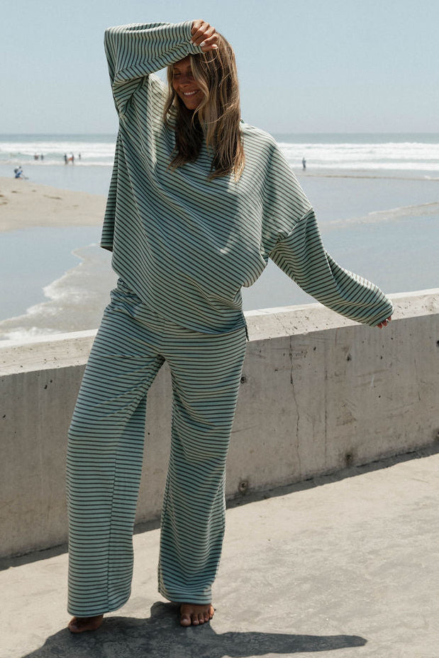 Campbell Striped Fleece Lounge Pants in Mint/Brown