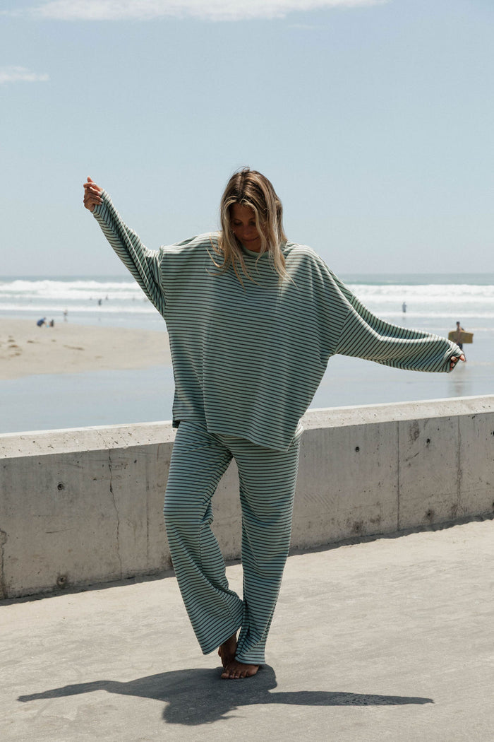 Campbell Striped Fleece Lounge Pants in Mint/Brown