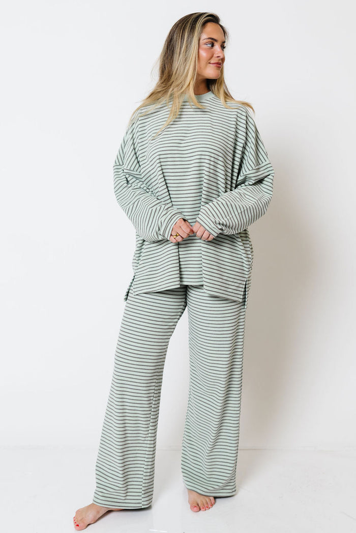 Campbell Striped Fleece Lounge Pants in Mint/Brown