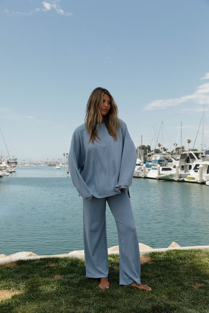 Campbell Striped Fleece Lounge Pants in Nantucket Blue