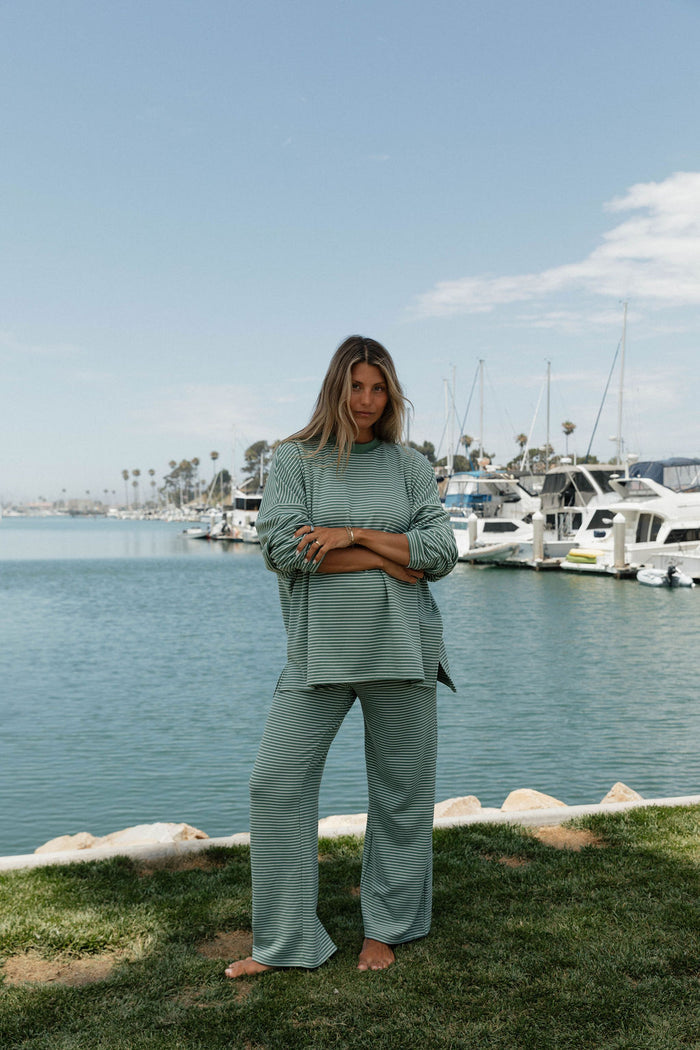 Campbell Striped Fleece Lounge Pants in Sage/Ivory