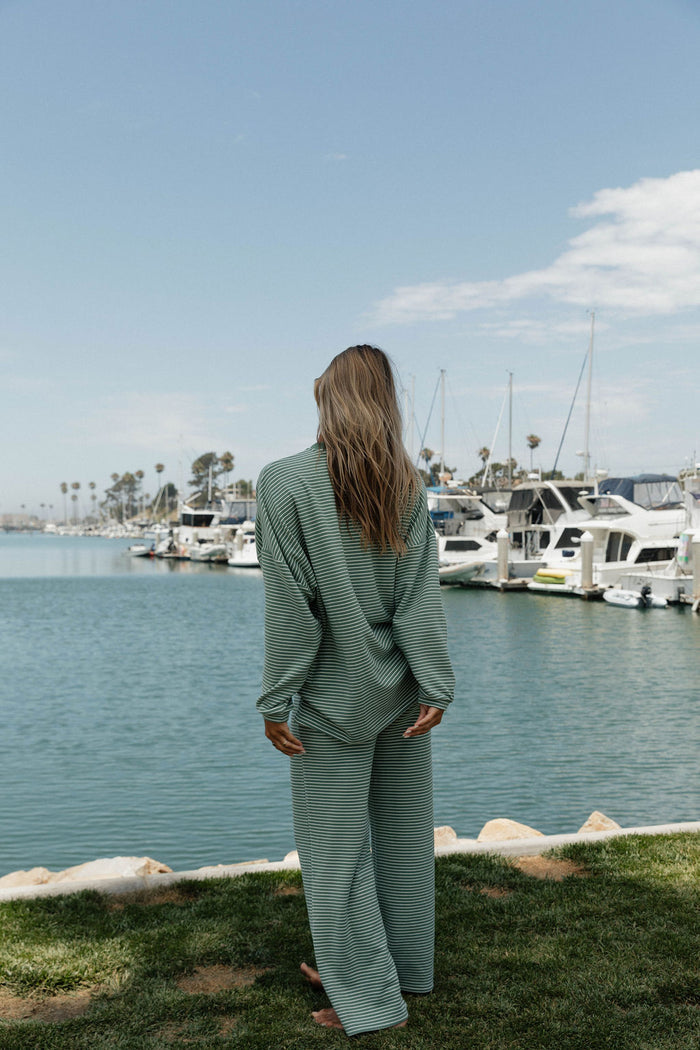 Campbell Striped Fleece Lounge Pants in Sage/Ivory