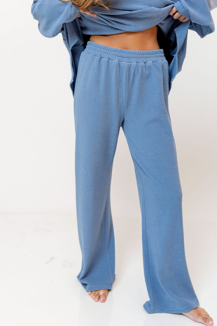 Campbell Striped Fleece Lounge Pants in Sky Blue