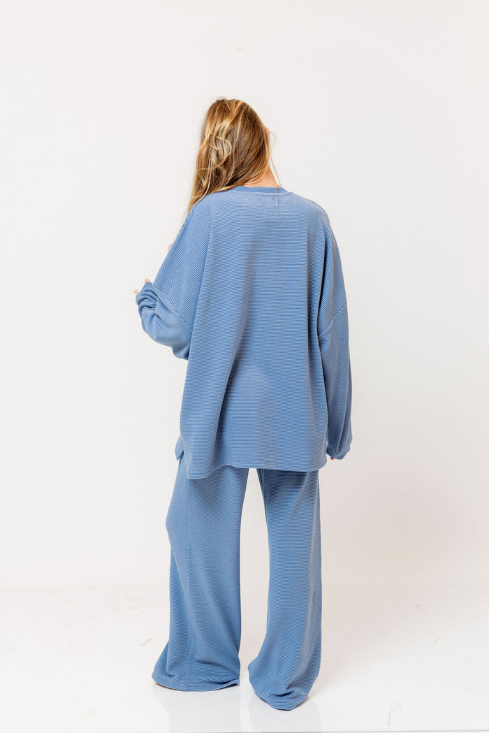 Campbell Striped Fleece Lounge Pants in Sky Blue