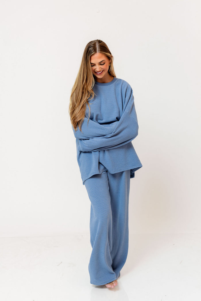 Campbell Striped Fleece Lounge Pants in Sky Blue