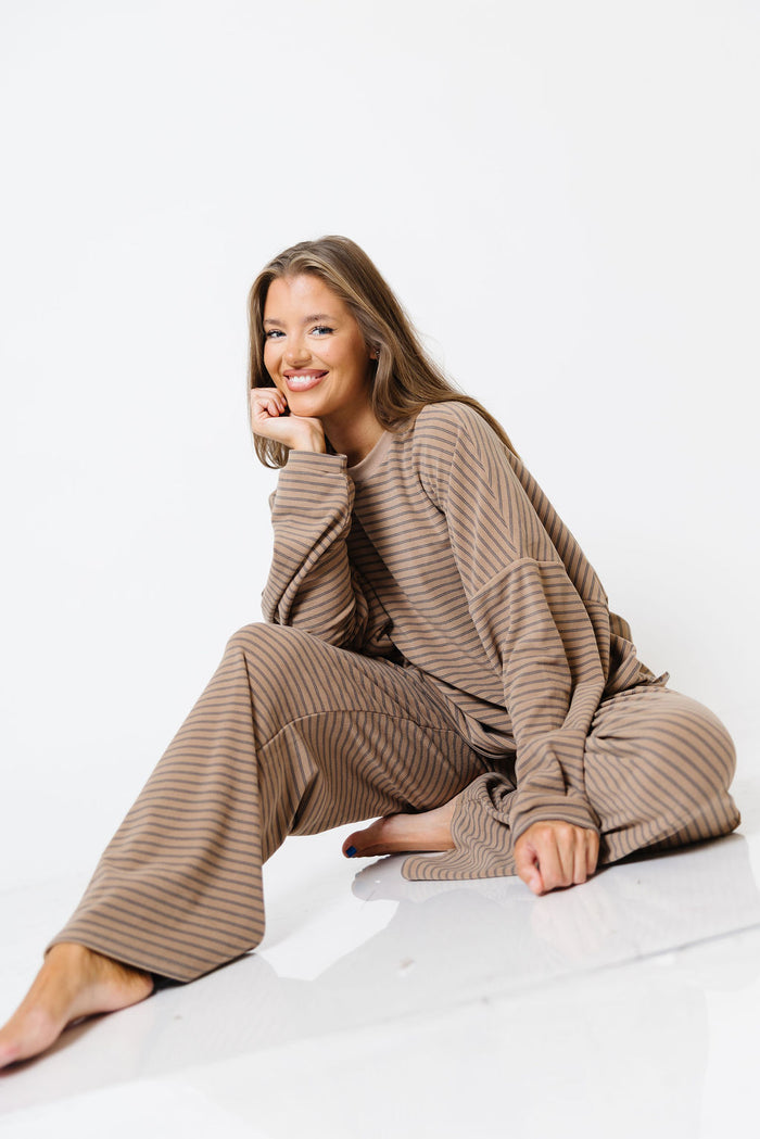 Campbell Striped Fleece Lounge Pants in Taupe/Grey