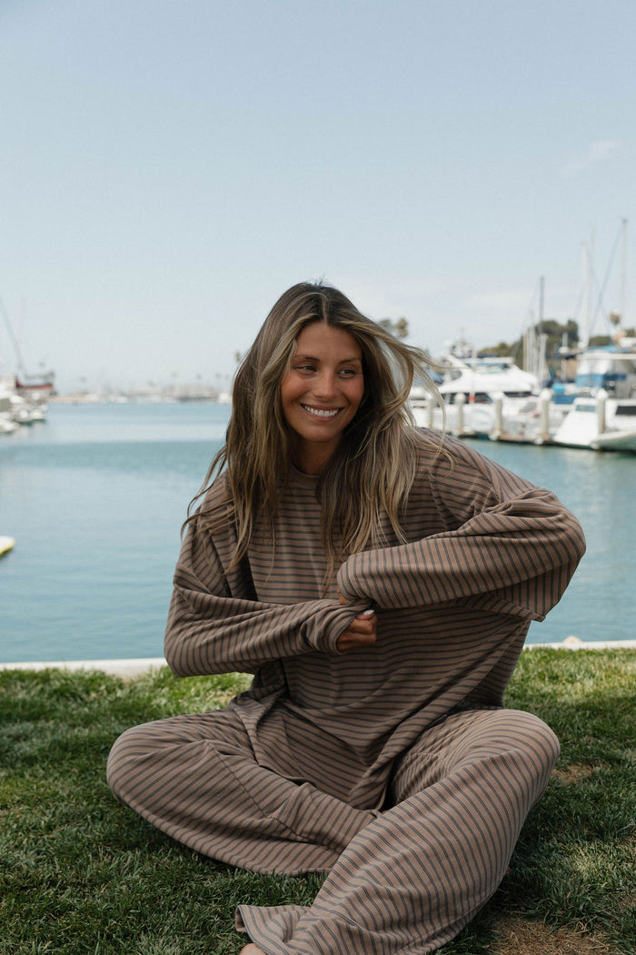 Campbell Striped Fleece Lounge Pants in Taupe/Grey