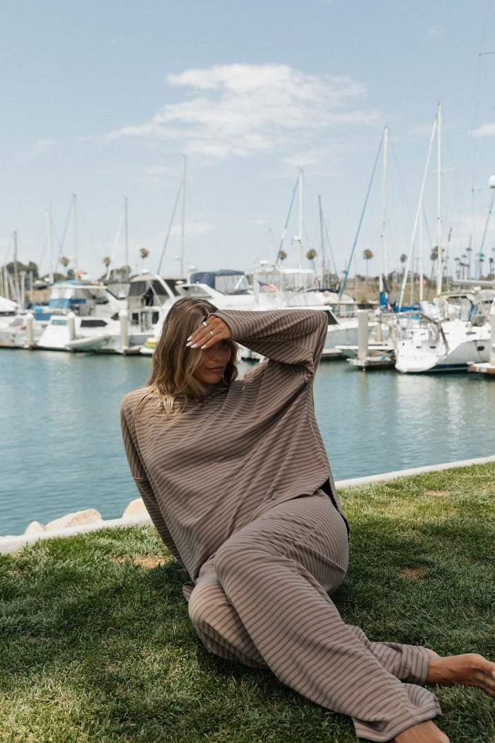 Campbell Striped Fleece Lounge Pants in Taupe/Grey