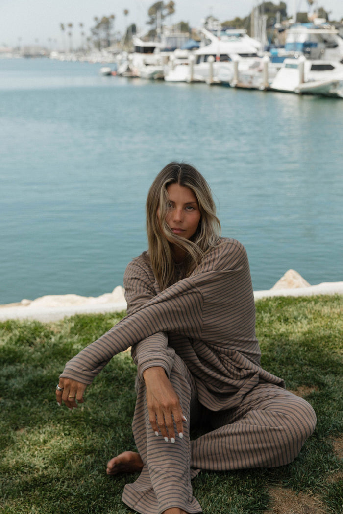 Campbell Striped Fleece Lounge Pants in Taupe/Grey
