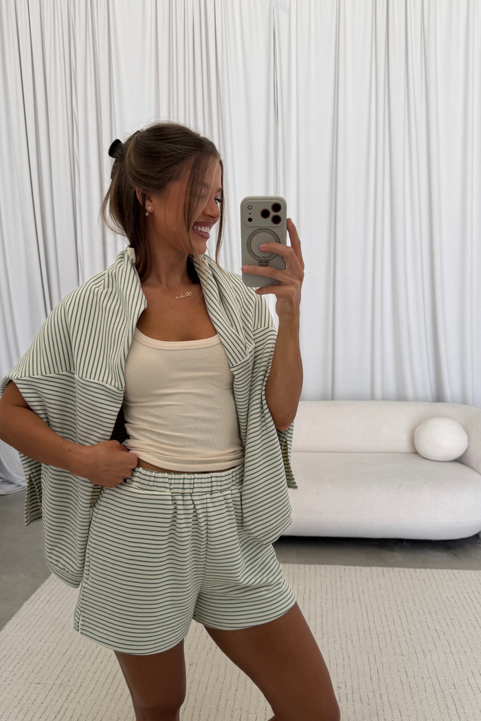Campbell Striped Fleece Shorts in Ivory/Sage