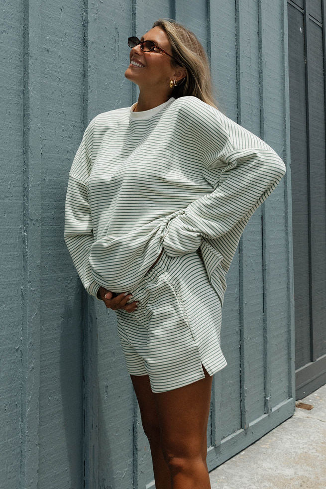 Campbell Striped Fleece Shorts in Ivory/Sage