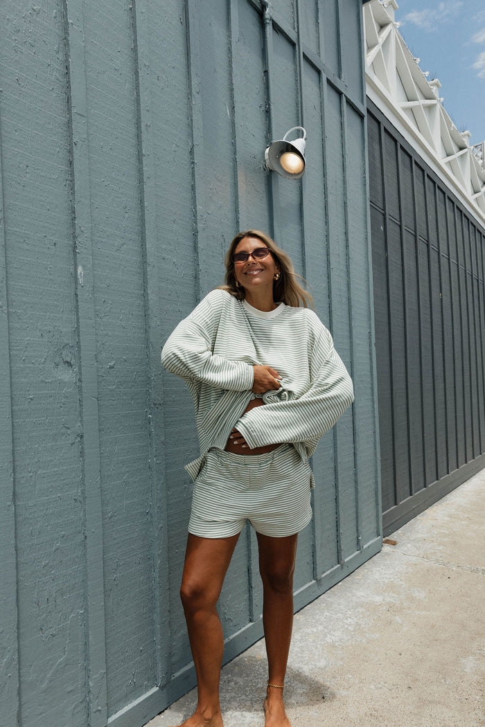 Campbell Striped Fleece Shorts in Ivory/Sage