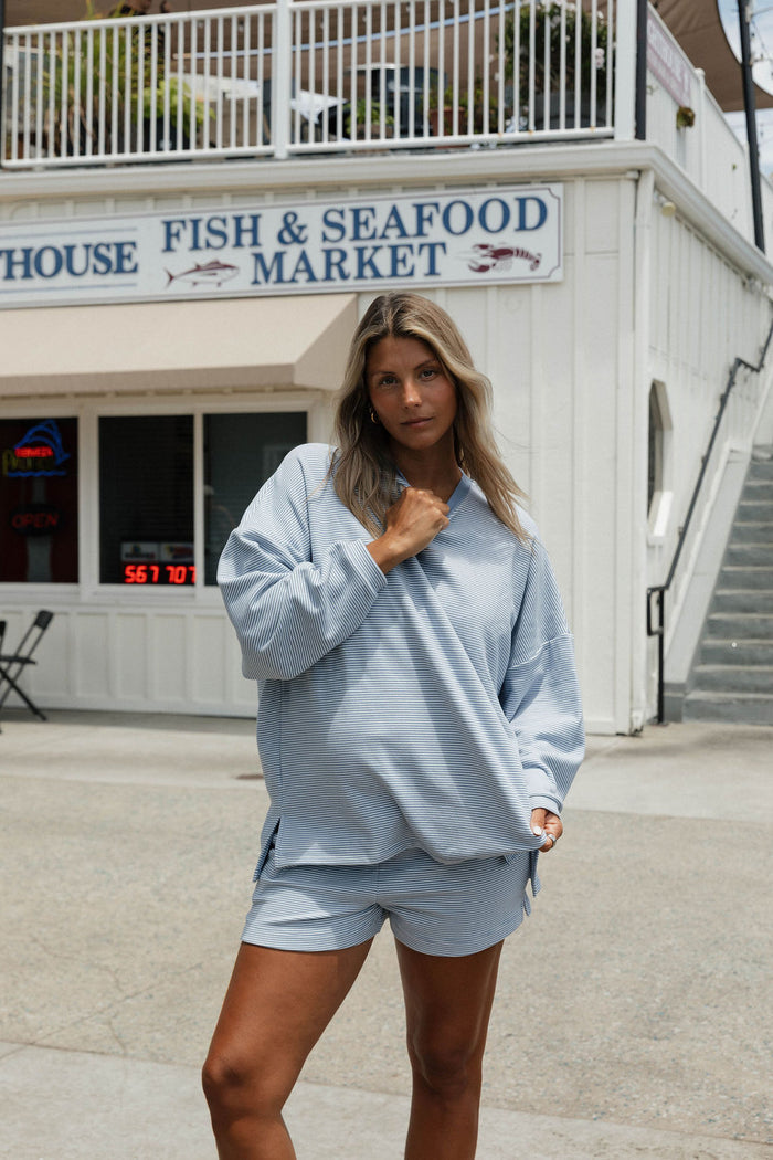 Campbell Striped Fleece Shorts in Micro Nantucket Blue
