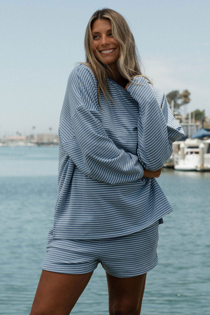 Campbell Striped Fleece Shorts in Nantucket Blue