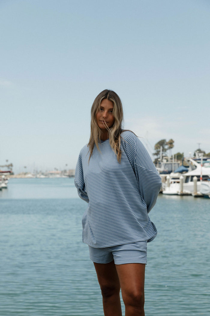 Campbell Striped Fleece Shorts in Nantucket Blue