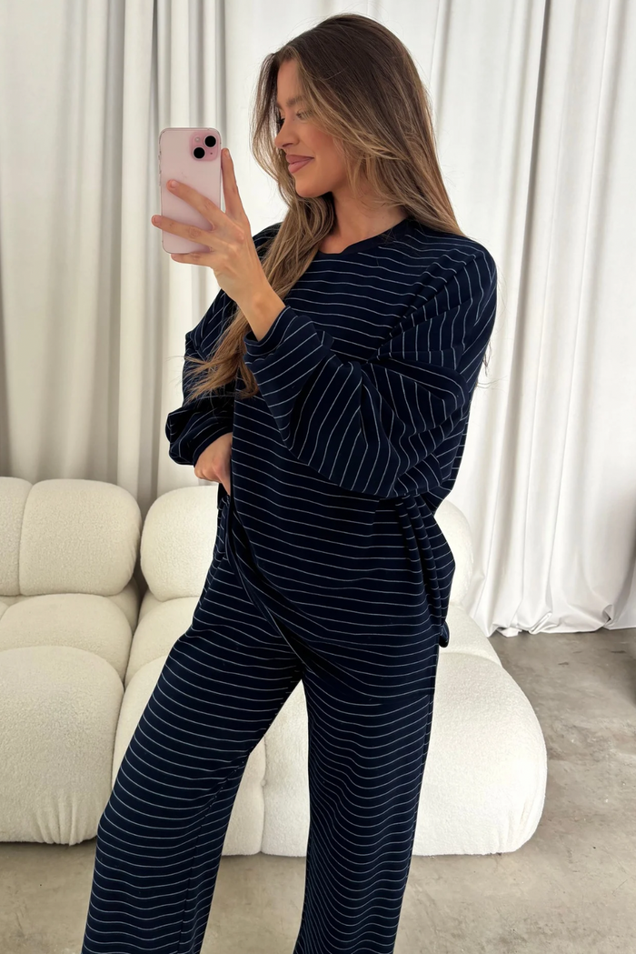 Campbell Thin Striped Fleece Lounge Pants in Navy