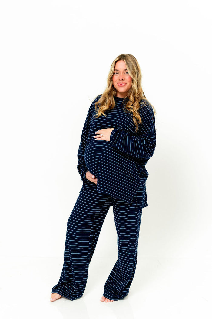 Campbell Thin Striped Fleece Lounge Pants in Navy