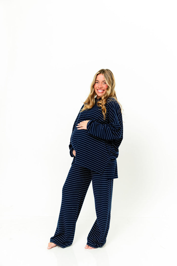 Campbell Thin Striped Fleece Lounge Pants in Navy