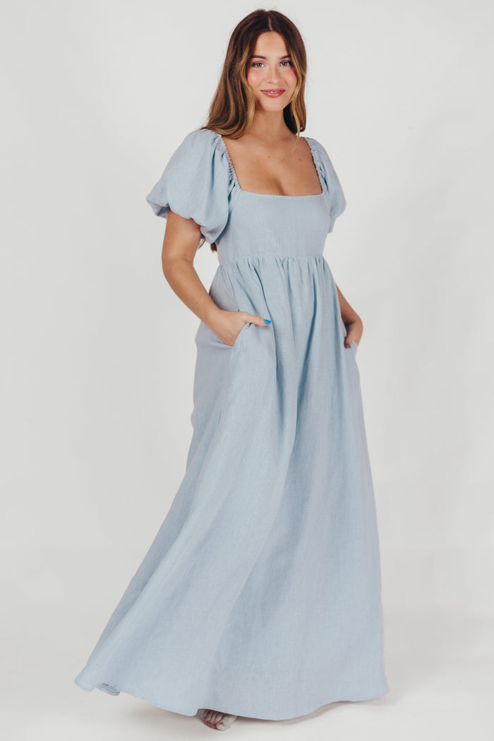 Candace Linen Maxi Dress in Light Blue - Bump Friendly