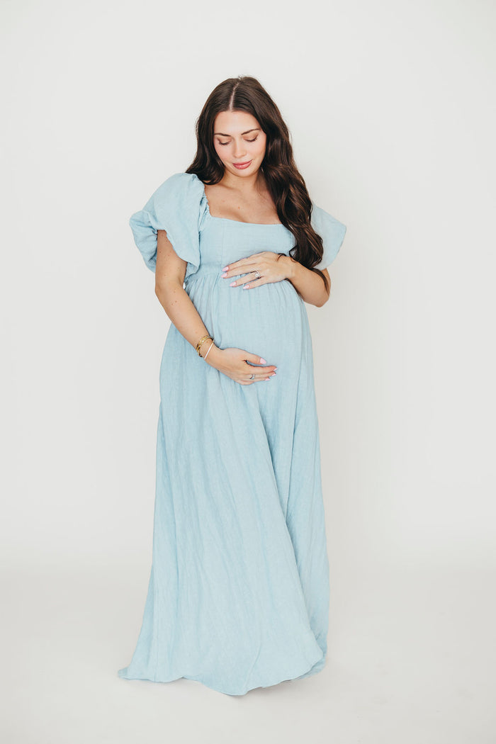 Candace Linen Maxi Dress in Light Blue - Bump Friendly
