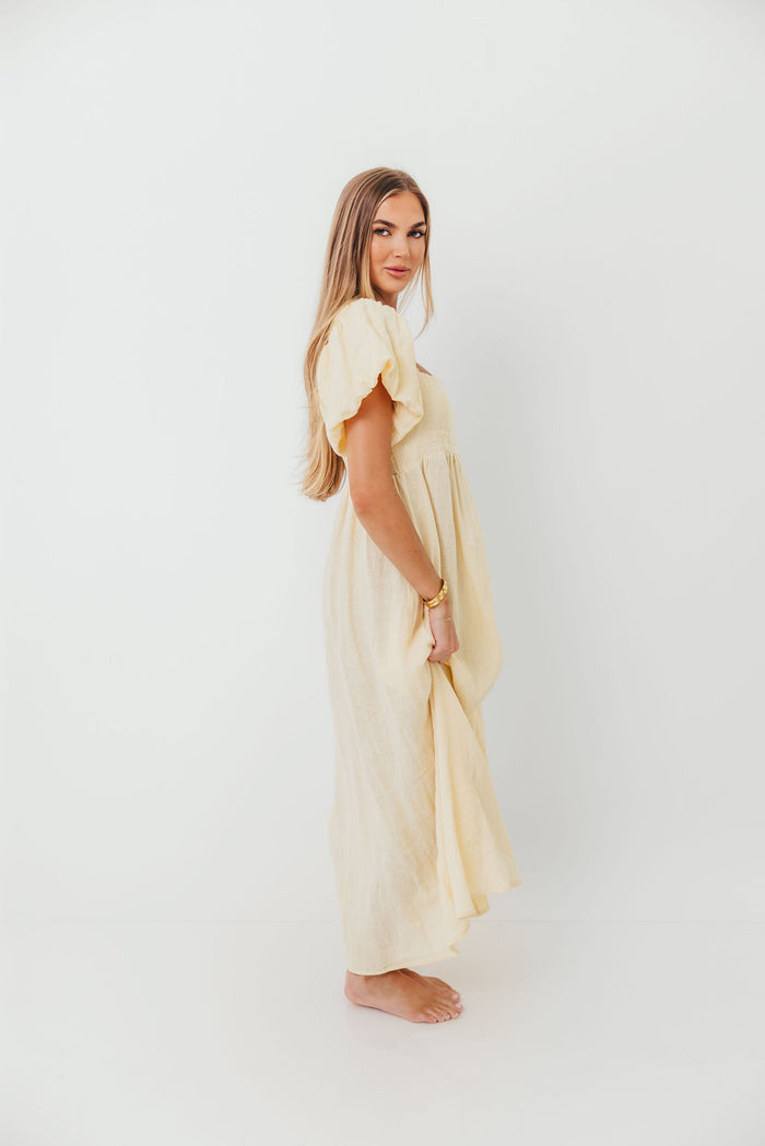 Candace Woven 100% Linen Maxi Dress in Soft Yellow - Bump Friendly
