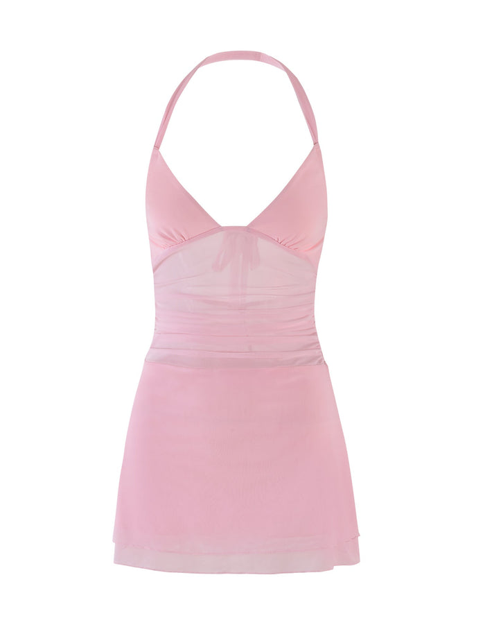 The CARMELA DRESS - PINK : BABY PINK from TIGERMIST features a halter neckline and is made from sheer mesh fabric with ruched detailing. The fitted bodice elegantly flares at the hem, creating a refined silhouette ideal for any occasion.