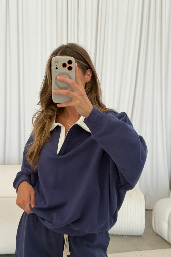 Caroline 100% Cotton Terry Collared Pullover in Crown Blue