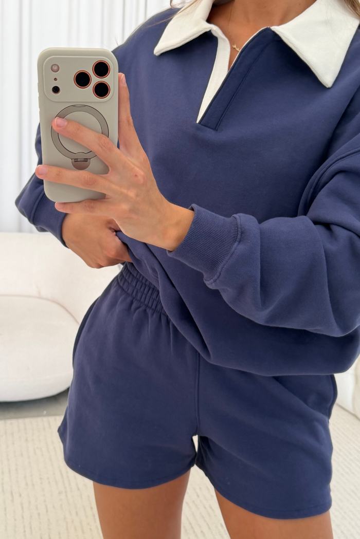 Caroline 100% Cotton Terry Collared Pullover in Crown Blue