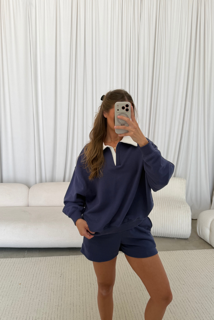 Caroline 100% Cotton Terry Collared Pullover in Crown Blue
